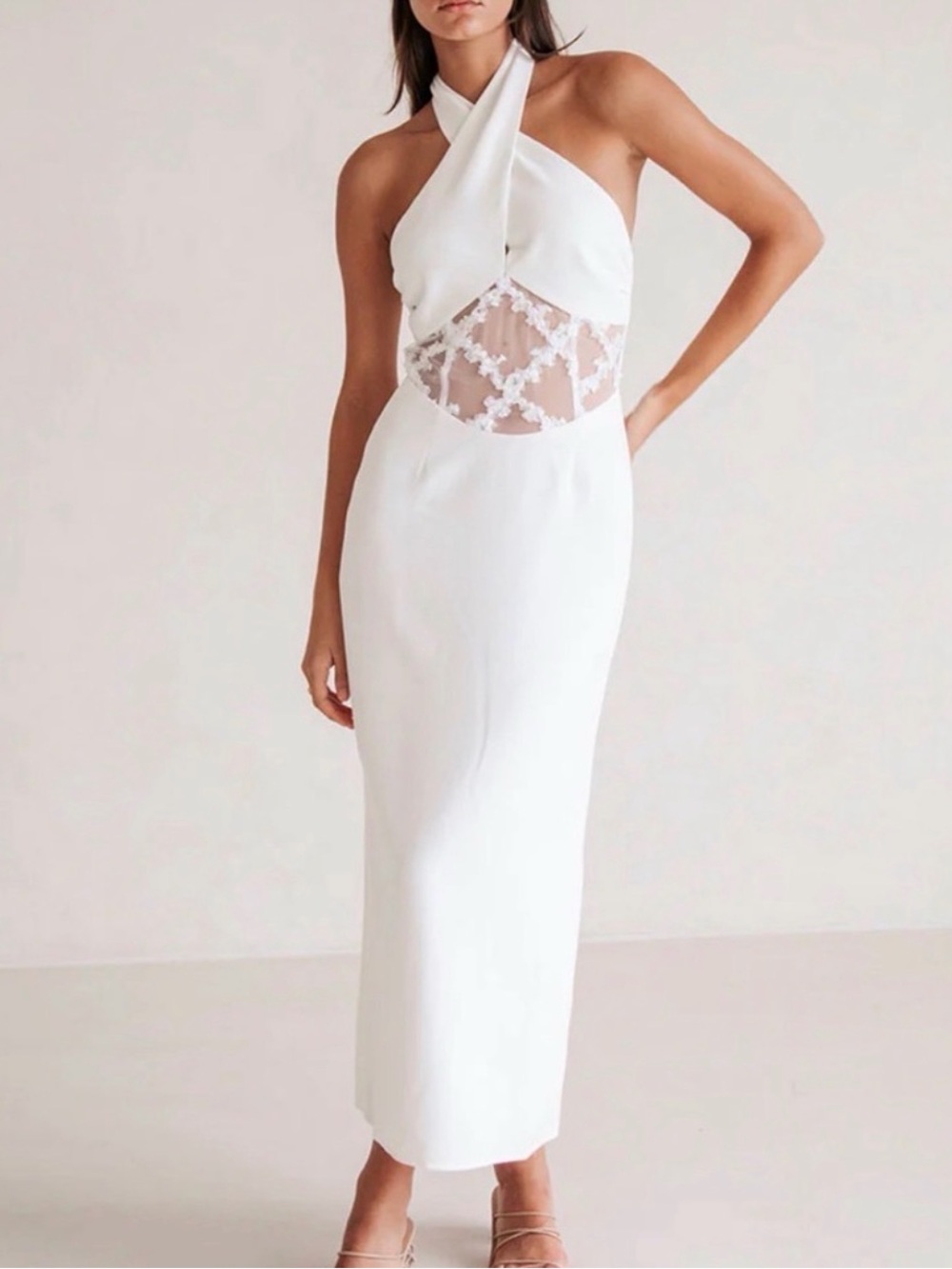 Sabo Skirt White Halter Dress with Lace Mesh Waist